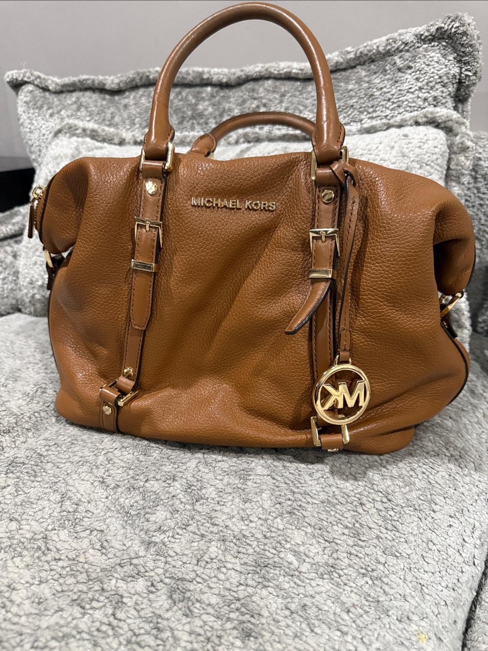 Michael Kors Cognac Leather Satchel with Gold Charm